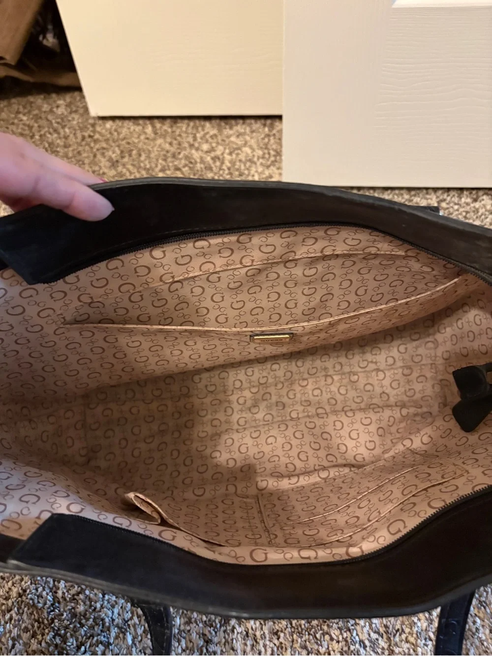 GUESS Black Embossed Logo Tote with Gold Accent